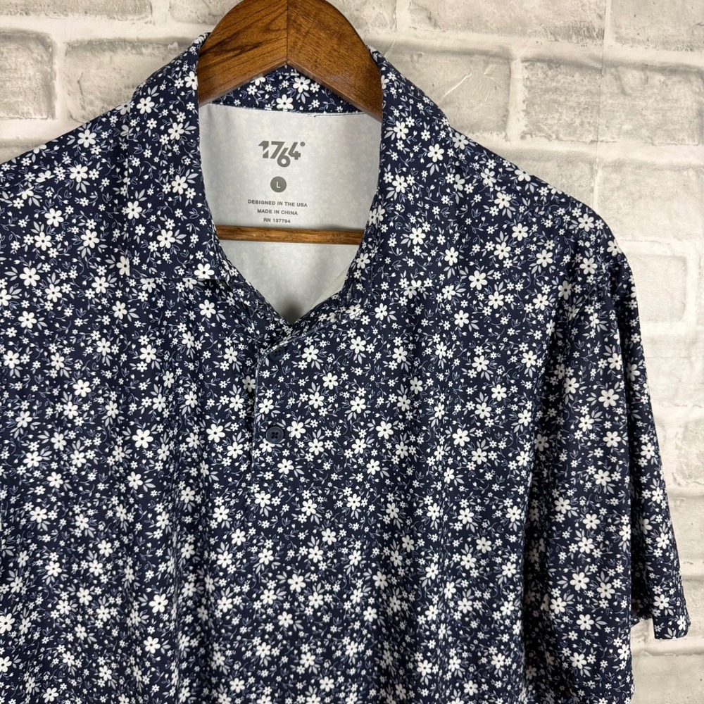 1764 Golf Mens Large Polo Shirt Navy Blue White Floral Performance Stretch L